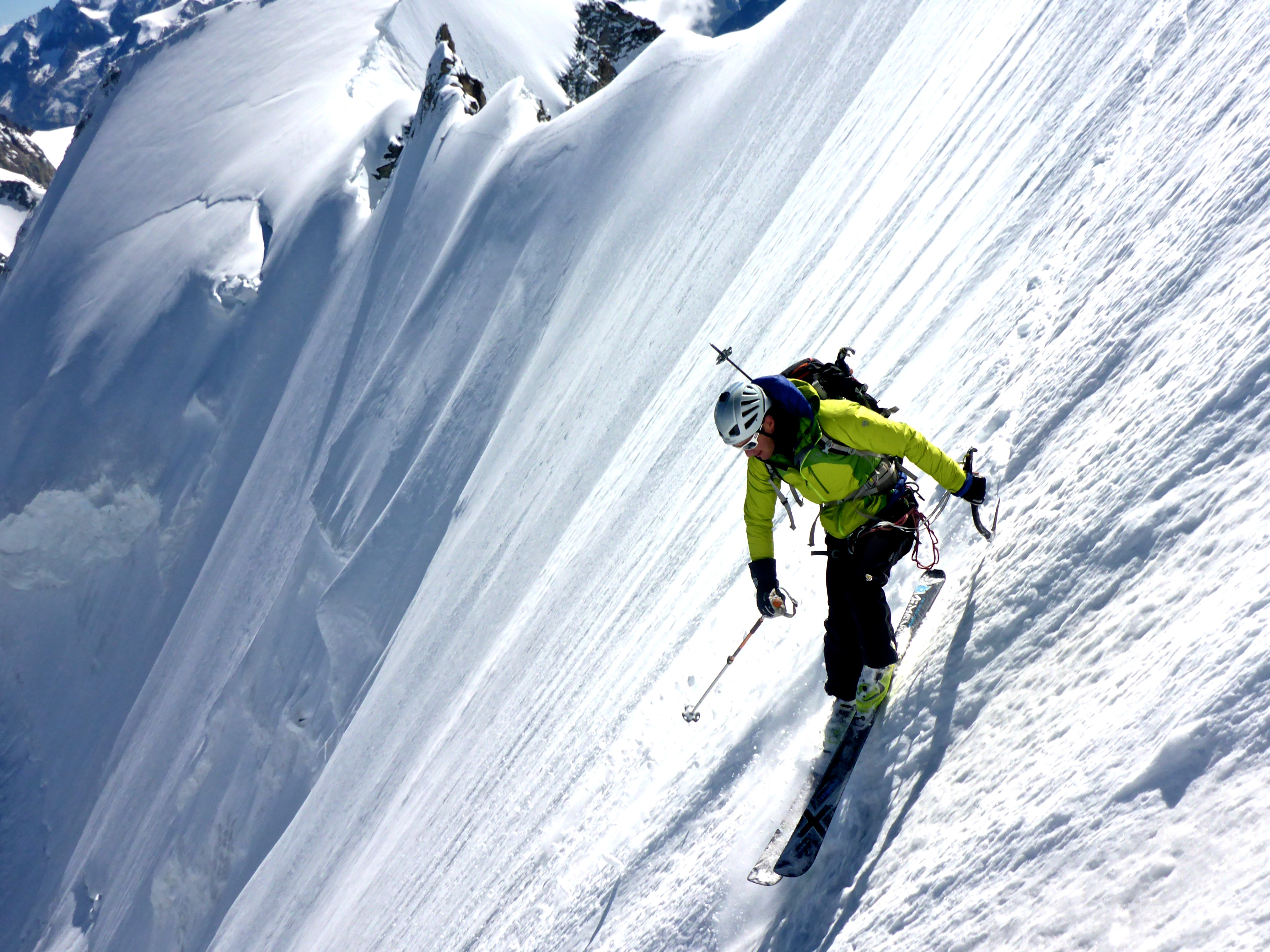 Duncan skiing the steep north face of the Ober Gabelhorn
